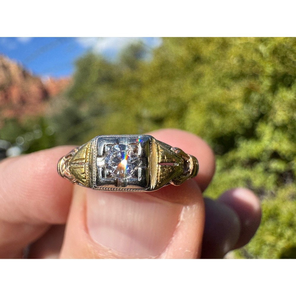 Antique‎ 18k Solid Multi Colored Gold Filigree Engraved Natural Diamond Ring